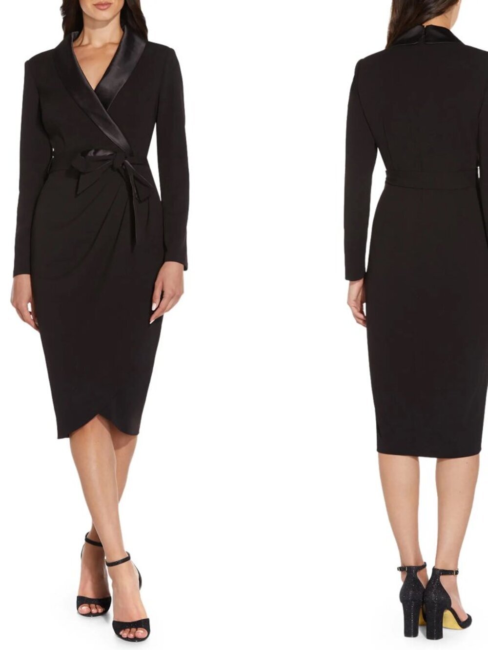 Adrianna Papell Black Long Sleeve Wrap Front Crepe Tuxedo Dress